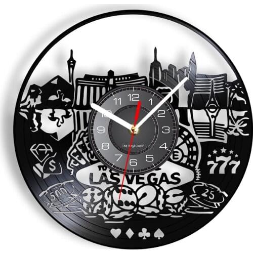 Las Vegas Landscape Vinyl LP Record Wall Clock Gambling Town Themed Wall Watch Made Of Real Vinyl Record Hanging Artwork Decor