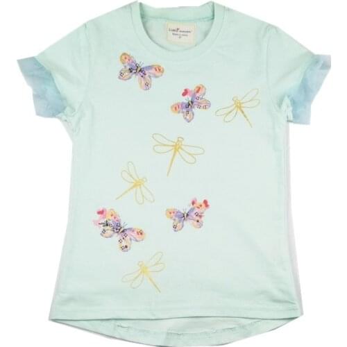 Little Maven New Summer Kids Short Sweet O-neck Dragonfly Butterfly Applique Knitted Cotton Big Girls Casual 4T-10T Tshirts