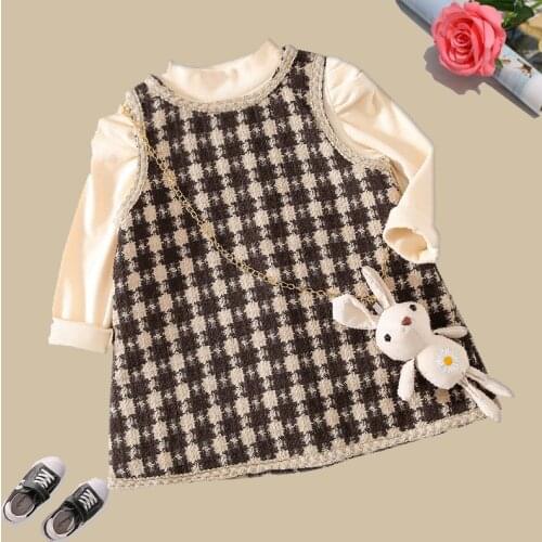 Fashion Baby Girls Clothes Cute Doll Collar Long Sleeve Tops + Sundress 2pcs Cotton Comfort Kids Sets Autumn Party Child Wear