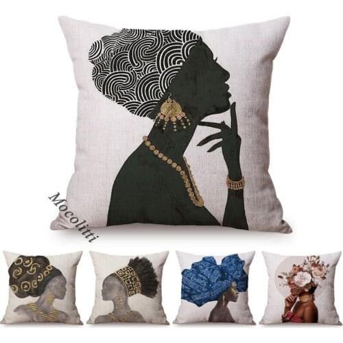 Fashion African Black Woman Girl Elegant Home Decoration Sofa Throw Pillow Case Africa Tradition Art Exotic Linen Cushion Cover
