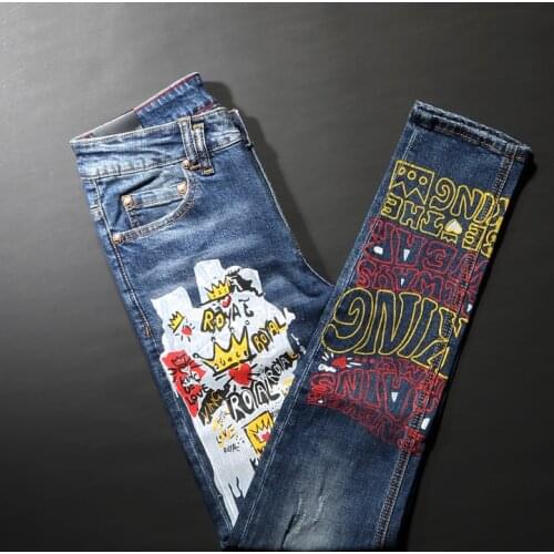 American Street Style Fashion Men Jeans Retro Blue Elastic Slim Fit Ripped Jeans Men Printed Designer Hip Hop Denim Punk Pants