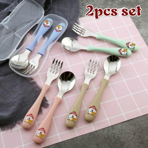 2pcs/box Cartoon Dinnerware Travel Cutlery Set Spoon Fork Kids Baby Children Dinner Set Xmas Gift Portable Children Flatware