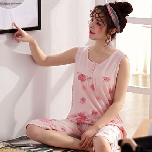 Small Red Flower Sleepwear Plus Size M-4XL Full Cotton Women Pajamas Set Vest Casual Tracksuit 2 piece Sexy Summer Home Lounge