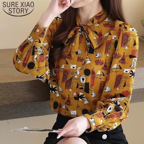 Casual Print Clothes Vintage Bow Blouse Women Elegant Loose 2021 Fashion Long Sleeve Women Tops and Blouse Blusas 8522 50