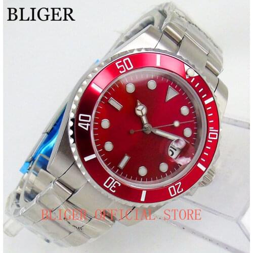 Luxury BLIGER 40mm Chinese Red Automatic Mens Watch Luminous Miyota 8215 Movement Watch Auto Date Stainless Steel Strap