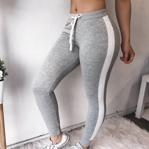 High Waist Pants Trouser Women Drawstring Waist Skinny Pants Grey Ribbed Knit Striped Sideseam Sweatpants Fitness Legging