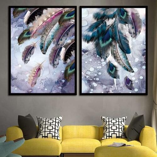 Blue Green Feather Nordic Style Wall Art Poster Canvas Printed Painting Living Room Home Decoration B5255