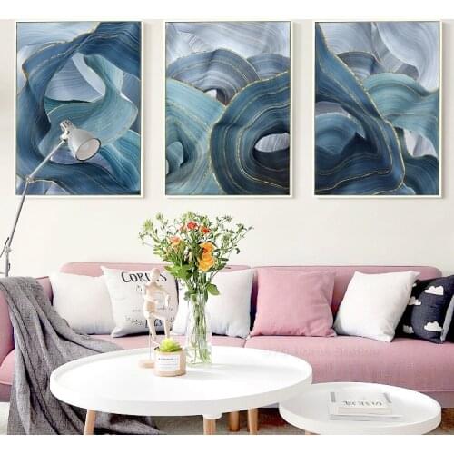 Modern Abstract Painting Art Luxury Blue Golden Line Geometric Canvas Poster And Print Pictures For Living Room Porch Decoration