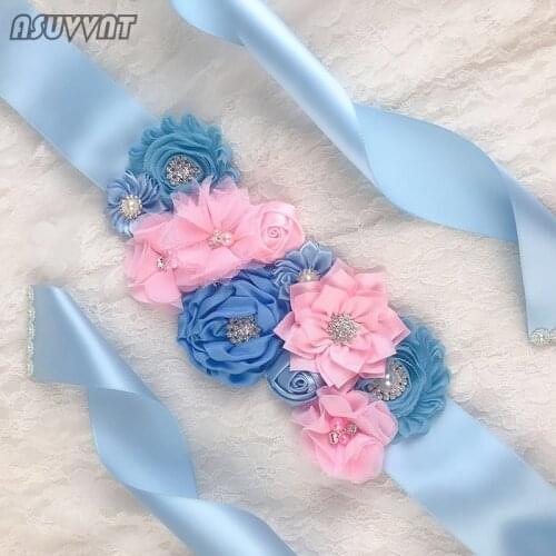 Wedding Bridal Belt Pearl Fabric Flower Fashion Accessories Blue Ribbon Flower Belt Photography Props Women Party Dress Girdle