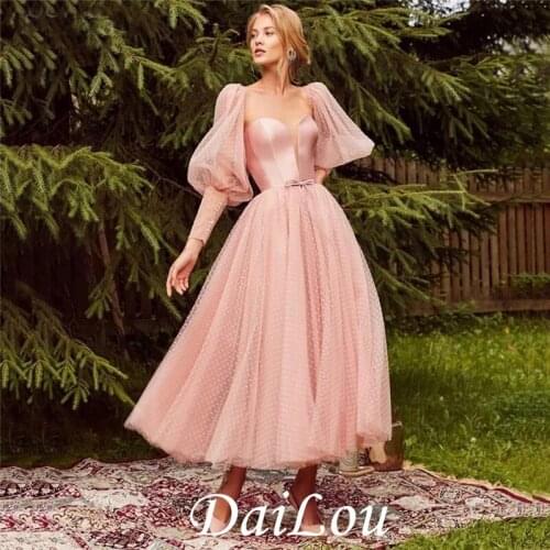 A-Line Beautiful Back Elegant Wedding Guest Prom Dress Sweetheart Neckline Long Sleeve Ankle Length Tulle with Bow(s) 2021
