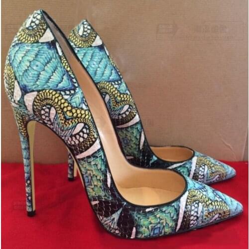 Luxury Women Shoes Red High Heels Sexy Wedding Shoes Bride 12cm Thin Heels Pointed Toe Pumps Pumps Snake Skin Pattern Big Size