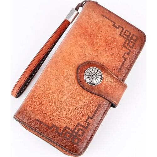 Genuine Leather Women Long Purse Wallet ID/Credit Cards Cash Handy Bag Multi-Purpose Printing Retro Female Wrist Clutch Bags