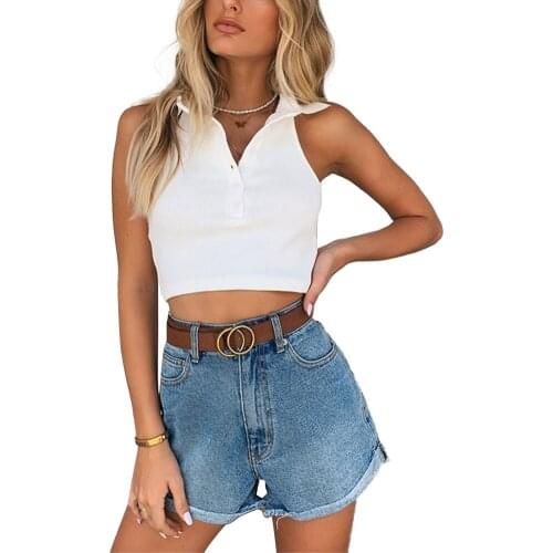 Women Tank Crop Top Halter Buttons Ribbed V-neck Sleeveless Vest Slim Short Tops Vest Solid Basic Tees Sexy Tanks Cropped Famale
