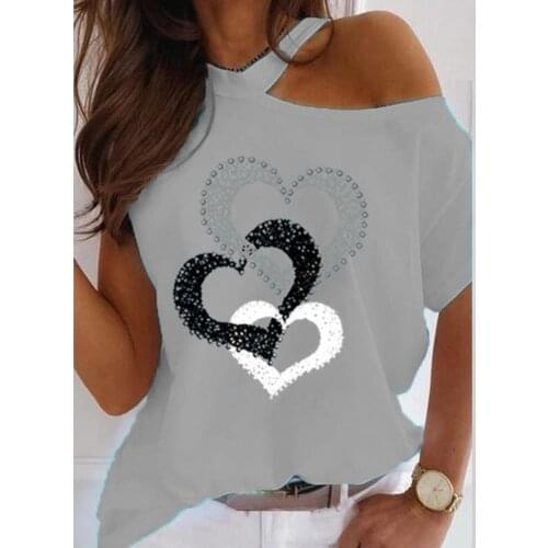 Summer T-shirt Women Heart Print Short Sleeve Tops Round Neck Hollow Out Shoulder Blouses Sexy Casual Plus Size Fashion Рубашки