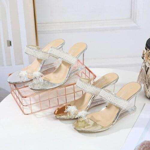 Women Slippers Fashion Party Shoes Slippers Peep Toe Transparent String Bead Wedges High Heels 8CM Cute Slippers