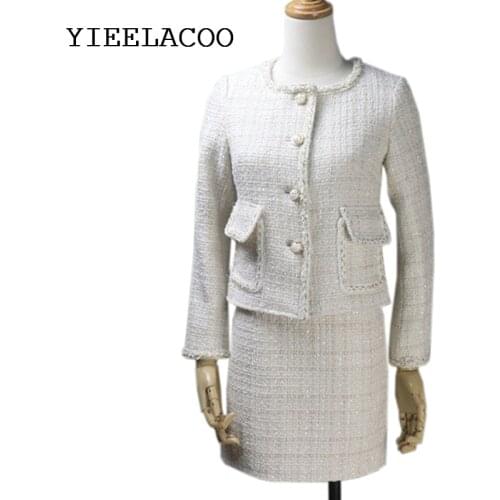 Professional suit tweed jacket + skirt suit Autumn / Winter womens jacket Beige Business ladies 2 piece Elegant Skirt Set