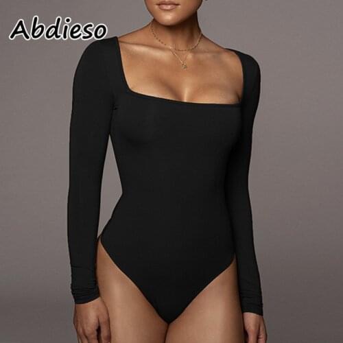 Abdieso 2021 Long Sleeve Bodycon Bodysuit For Women Black Square Collar Autumn Winter White Basic Casual Body Tops Sexy Romper
