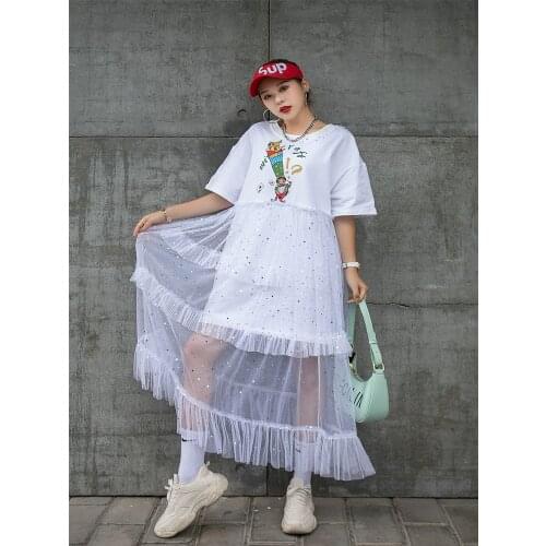 Summer Mesh Spliced Cake Dresses Women 2021 Fashion Streetwear Funny Cartoon Print Sundress Short Sleeve Plus Size Long Dress