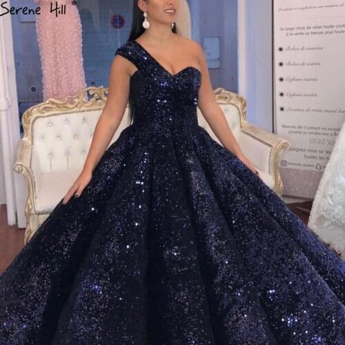 Serene Hill Navy Blue Luxury Sequins Sexy Wedding Dress 2021 One Shoulder High-end Vintage Bridal Gown Custom Made CHM66567