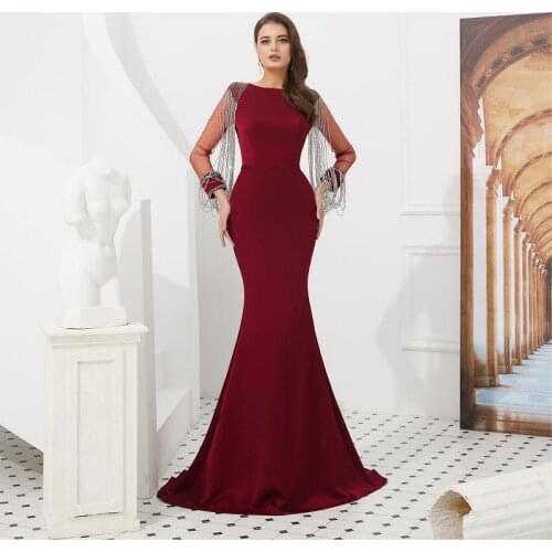 Burgundy Mermaid Evening Dresses Long 2021 Real Photos vestidos de fiesta de noche Long Sleeve Formal Women Prom Gowns Party