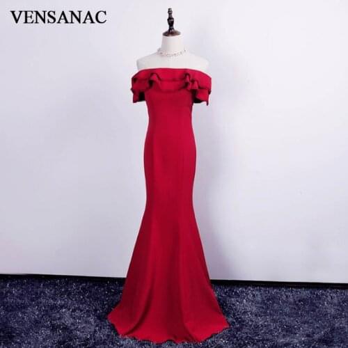 VENSANAC 2018 Ruffles Boat Neck Short Sleeve Long Mermaid Evening Dresses Party Embroidery Backless Prom Gowns