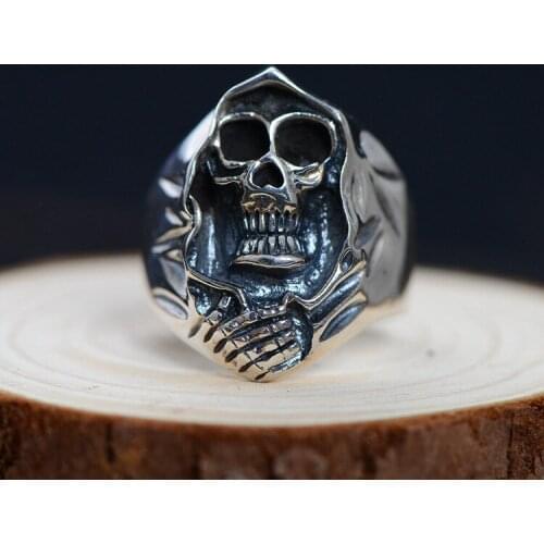 100%S925 Silver Jewelry Single Ring Men Punk Style Skeleton Death Ancient Silver Ring 2018 New Style