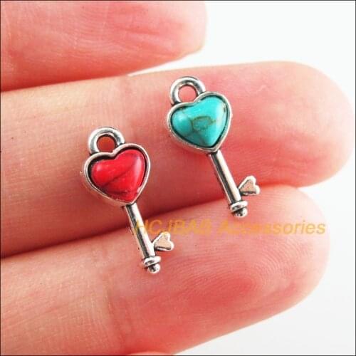 18Pcs Retro Tibetan Silver Tone Heart Keys Blue&Red Stone Charms Pendants 7x16mm