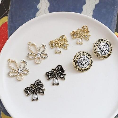 4pcs Vintage wheat inlaid zircon angel round Earrings Fashion Bow stud Earring for Women pearl flower diy jewelry accessories