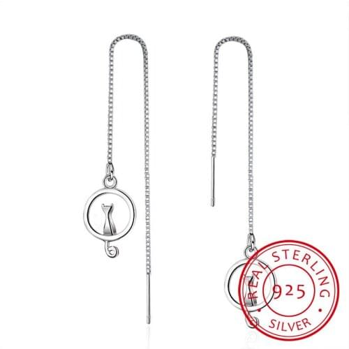 925 Sterling Silver Earring korean Moon Cat Long Tassel Drop Earrings For Women Oorbellen Brincos Pendientes/zhjhdak