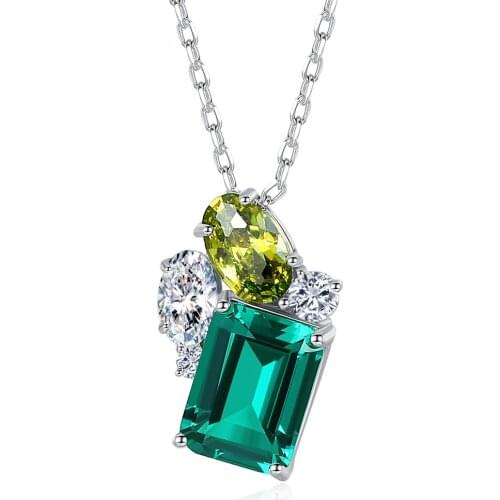 Megin D S925 Sterling Silver Square Emerald Luxury Green Crystal Yellow Zircon Vintage Pendant Collar Chains Necklace for Women