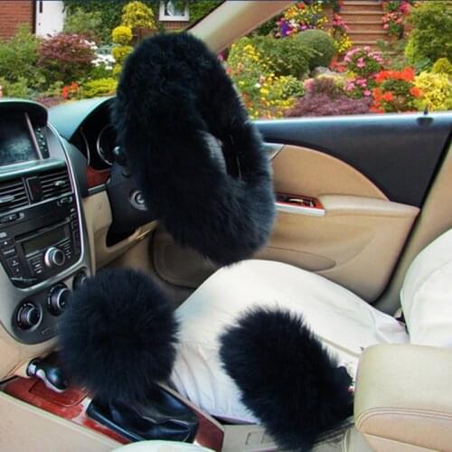 3Pcs Set Womens Winter Fashion Wool Fur Soft Furry Steering Wheel Covers Black Fluffy Handbrake Cover Gear Shift Cover Fuzz Warm