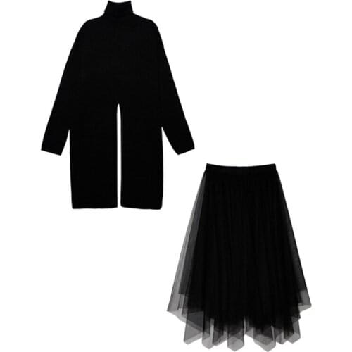 Retro Black Knitted Sweater Sets Fashion Design Split Long Sleeve Pullover Tops and irregular Mesh Skirt 2 Piece Sets Autumn