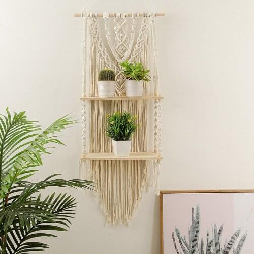 Wooden Three Layers Macrame Wall Hanging Shelf Partition Frame Decoracion Hogar Basket Plant Holder Flower Basket Boho Decor