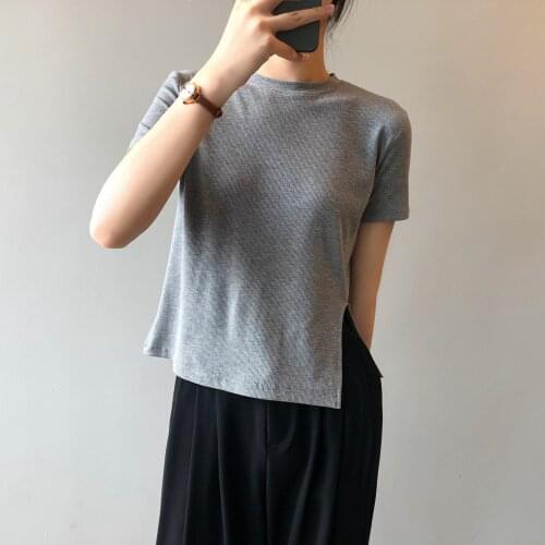 Sexy Short-sleeved T-shirt Womens 2021 Summer New Korean Style Slim Round Neck Irregular Slit Knit Top