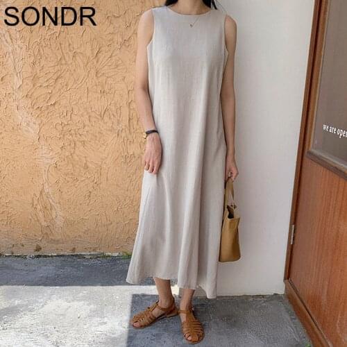 Korean One Piece Long Dress 2020 Summer Dress Korea New Womens Clothing Linen Dress Elegant Maxi Beige Dresses Vestido De Mulher