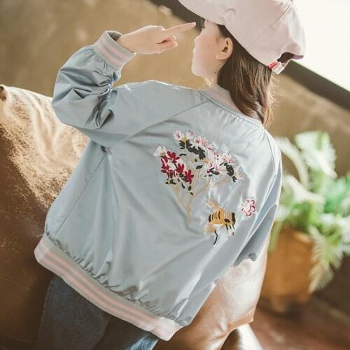 Girl Zipper Jacket Spring Autumn 2019 New Korean Style Embroidered Flower Jacket for Girls Kids Coat Outwear Children Clothes
