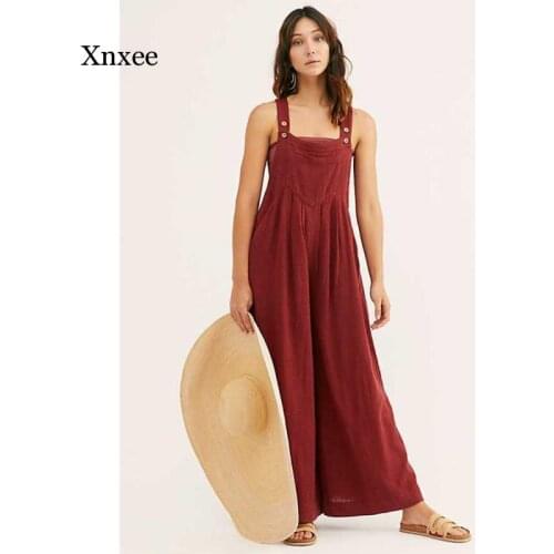 Summer Womens Plus Size Jumpsuit Ladies Loose Cotton and Linen Pockets Solid Color Mid-Waist Full-Length Button Fly Casual Pant