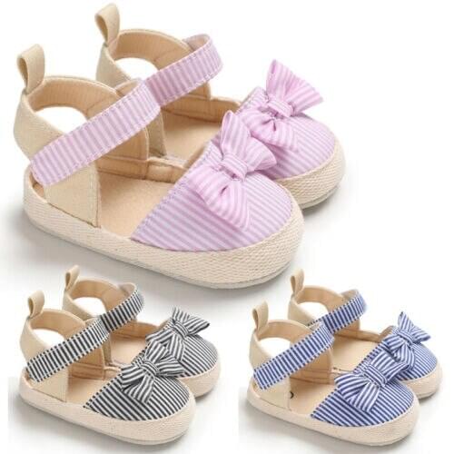 Summer 0-18Months Fashion Newborn Baby Girl Soft Striped Bow PU Crib Shoes Infants Anti-Slip Sneaker Prewalker Shoes Fashion