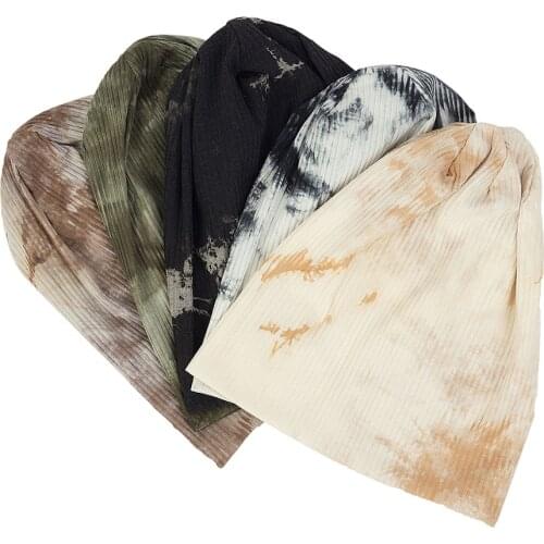 Fashion Simple Casual Style Cotton Warm Ribbed Women Beanie Winter Autumn Tie Dye Skull Cap Elastic Slouchy Hat for Lady Girls