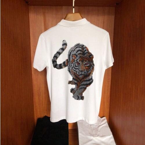 High Quality Summer Polo Shirt With Hot Diamonds Extra Plus Size Personality Exaggerated 3D Tiger Sale Mens New Short Sleev