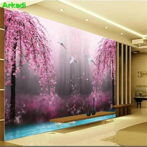Natural red peach fantasy fairy crane mural sofa background wall landscape 3D wallpaper living room bedroom wall cloth