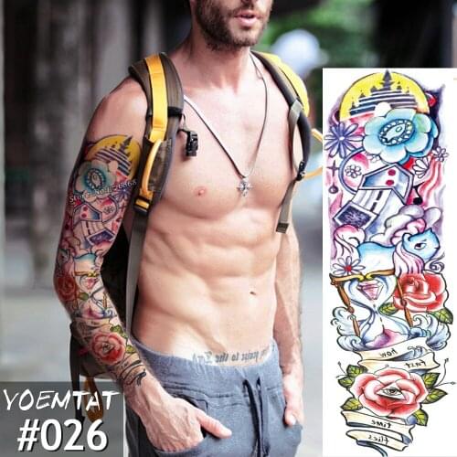 New 1 Piece Temporary Tattoo Sticker Color hourglass Full Flower Tattoo with Arm Body Art Big Large Fake Tattoo Sticker