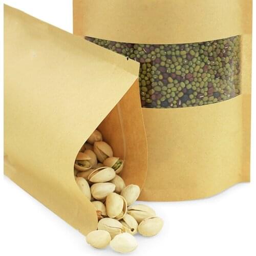 100 pcs Kraft Paper Bags Zip Lock Stand-up Reusable Sealing Food Pouches with Matte Window and Tear Notch for Storing Cookie