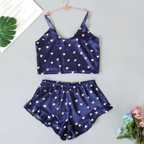 V-Neck Strap Sleeveless Pajamas Set Womens Sleepwear Sexy Satin Silk Lace Top And Shorts Sling Summer HomeWear