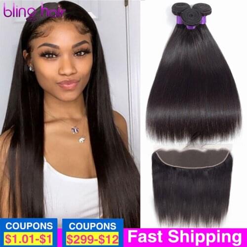 Bling Hair 8-30 Inch Straight Hair Bundles With Closure 13*4 Lace Frontal Malaysian Remy Human Hair Weave Bundles With Closure