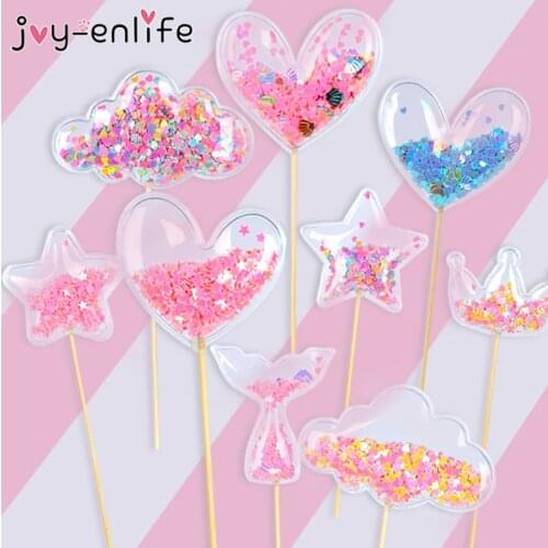 3Pcs Transparent Sequin Cake Topper Baby Shower Birthday DIY Cake Top Flags Decoration Cupcake Topper Mermaid Party Supplies