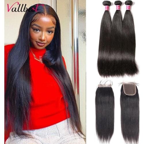 Vallbest Brazilian Straight Human Hair Bundles With Closure Remy Hair Bundles With Closure Free Part With Baby Hair 4Pcs/Lot 1B