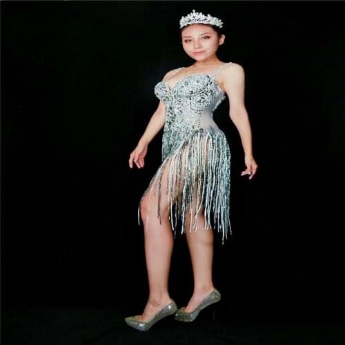 R41 Singer stage show wears tassel dresses host bodysuit bar outfits crystal clothing party prom dance costumes sexy jumpsuit dj