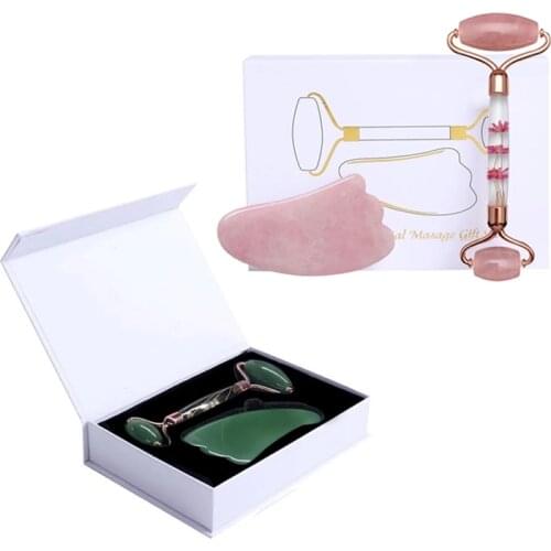 Rose Quartz Jade Roller and Gua Sha Set Massager For Face Eternal Flower Face Guache Scraper Lifting Natural Stone Skin CareTool