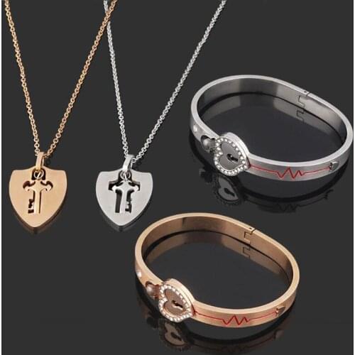 Titanium Steel 100 Different Language I Love U Heart Lock Key Couple Bracelet Necklace Nanotechnology Lover Jewelry Set